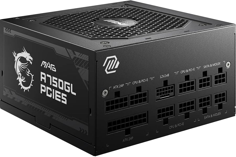 Amazon listing image: MSI MAG A750GL PCIE5 Power Supply Unit, 750W, 80 Plus Gold, Fully Modular, ATX 3.1, PCIe…