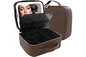 MOMIRA Reise-Make-up-Tasche Kosmetiktasche mit beleuchtetem Spiegel, Einstellbarer Helligkeit in 3 Farbszenarien, wasserdichte Makeup-Trainingsbox, Geschenk für Frauen - Braun