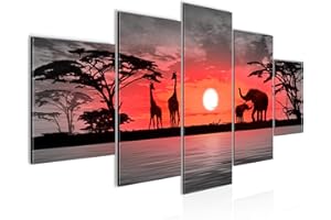 Runa Art Cuadros África Puesta De Sol 5 Piezas Lienzo no Tejido Decoracion Sala Jirafa Elefante Naranja 000252b