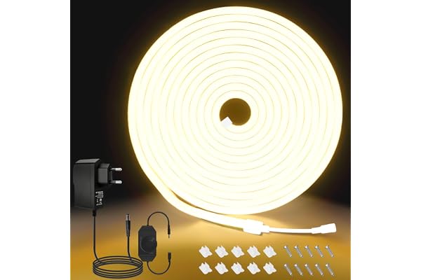 Neon LED-remsa – 5 m varmvit, 12 V dimbar vattentät 3000 K neon LED-remsa, DIY flexibel neon LED-ljusremsa för hemmet, köket, dekoration (med nätadapter)