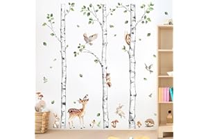 Decvictor Adesivi Murali Grande Betulla Adesivi da Parete Animale della foresta Cervo Coniglio Adesivo Muro Decorativo per Bambini Camera da Letto Stanza Della Scuola Materna Muro (H: 153cm)