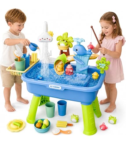 Neptuiby Évier de Jeu avec Eau Courante, Table à Eau pour Enfants avec 12 Modes de Jeu Amusants, Jouet interactif pour Tout-Petits - Bleu
