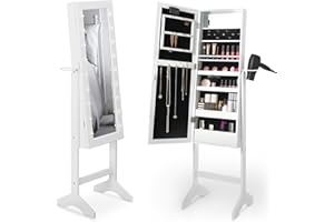 Beautify Mirror Jewellery Cabinet - Free Standing Mirror with Storage - Full Length Tilting Armoire for Bedroom - Jewellery Storage for Earrings, Rings & Necklaces with LED Lights & Hair Dryer Ring