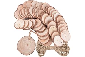 DEOMOR 50 Stück Holzscheiben 5-6cm rund + 10 Meter Juteschnur Holz Deko Basteln Baumscheiben Natur zum Basteln Bemalen für DIY Handgemachte Hochzeit Handwerk Weihnachten Dekoration