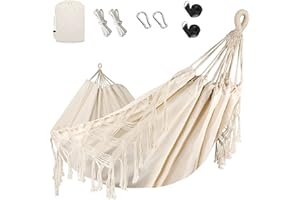 Bellzacasa große brasilianische Hängematte, Stoff Camping Hängematte mit tragbaren Taschen Seilen zum Aufhängen von Bäumen weiche Streifen Leinwand Baumwolle (Beige)