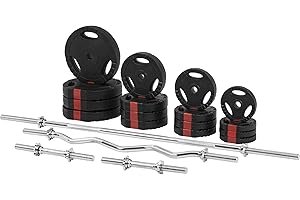 GORILLA SPORTS® Set di Bilancieri con Manubri - 100 kg, 30mm, Barra Bilanciere 170 cm, Barra Curva 120 cm, 2 Barre Manubrio, 16 Dischi Pesi, con 8 Collari, Manici Antiscivolo - Manubri Palestra