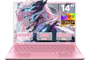 HUQPPQ 14 Inch Laptop Celeron N5095 Processor (Up to 2.9GHz), 8GB RAM 256GB SSD, Notebook Computer FHD 1920×1200 IPS Display, WiFi 5, Webcam, 180° Foldable, Lightweight Student & Business Laptop-Pink