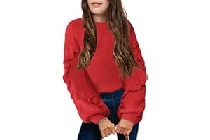 Arshiner Ragazze Maglione Maniche a Lanterna Bambini Caldo Lavorato Collo Rotondo Casual Autunno Inverno Manica Lunga per Ragazza 7-14 Anni