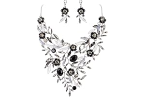 Clearine Juegos de Joyas de Mujer Conjunto de Joyería de Racimo de Hojas Collar Llamativo Esmaltado con Flores de Cristal Pendientes Colgantes