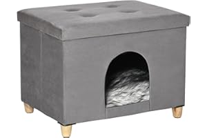 PawHut Casetta per Gatti Pouf Poggiapiedi con Cuscino Rimovibile e Lavabile, Sgabello Poggiapiedi con Cuccia e Piedini, Grigio