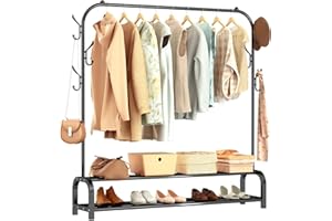 Frurark Metal Clothes Rail Singel Pole Garment Rack Freestanding Clothes Racks With 6 Side Hooks and 2-Tier Lower Storage Shelf,Suitable for Home Bedroom（Black）