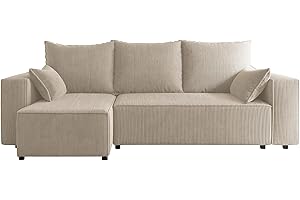 4ALL HOME Ecksofa mit Schlaffunktion Tobi 246x145 cm - Couch - Sofa mit Bettkasten - Eckcouch - L-Form - Schlaffsofa - Schlafsofa mit Bettkasten - Universal (Cord Poso 100 Beige)