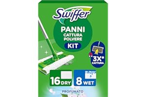 Swiffer Panni Catturapolvere, 1 Scopa E 16 Ricariche Dry + 8 Panni Lavapavimenti Wet, Cattura E Intrappola Polvere E Sporco, Raggiunge I Punti Più Difficili, Ottimo Per Tutti I Tipi Di Pavimenti