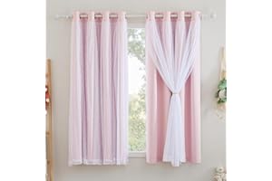 NICETOWN Rideau Chambre Fille - Rideaux Occultant Enfant avec Voilage Etoile Brillant au Laser, Double Couches, Blanc Voile et Rideau Rose, L 132 x H 160 cm, 2 Pièces, Rose + Brillant