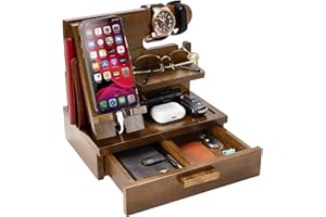 SHULLTJI Wood Phone Docking Station Phone Smart Watch Earbuds Tablet Stand Nightstand Organizer Gift for Him Dad Birthday Gift Men Birthday Gift Anniversary Present Key Holder Wallet Stand With Drawer