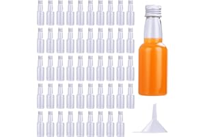 SHUESS 50 Pcs Miniature Alcohol Bottles - 50ml Mini Alcohol Bottle - Reusable Plastic Mini Shot Bottles - Empty Mini Liquor Bottle with Aluminium Lids and Liquid Funnel