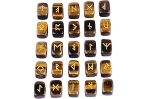 KYEYGWO Tigerauge Runen Steine Set mit Gravur Golden Elder Futhark Alphabet Symbol Edelstein, Runensteine Kristall für Meditation, Wahrsagung, Reiki Heilung und Amulett, 25 Stück