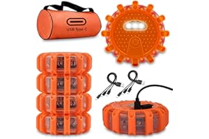 Ecoangel USB-C Rechargeable LED Road Flares Emergency Lights-Large Capacity (Lithium Battery) 3 in 1 Cable Roadside Warning Car Safety Beacon Flashing Disc Flare Kit with Magnetic Base for Vehicles