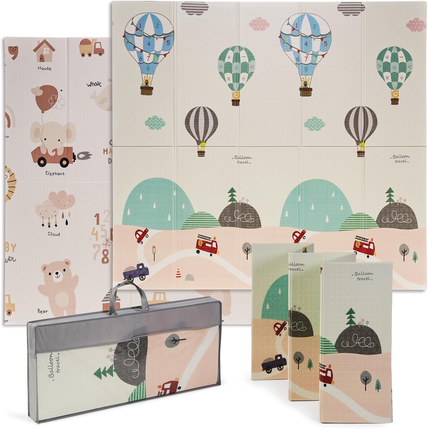 Buddy Baby - Alfombra de Juegos para Bebé XXL180x200 cm - Doble Cara, Tapete Muy acolchado, Plegable y con Bolsa de transporte (Globos/Osito)