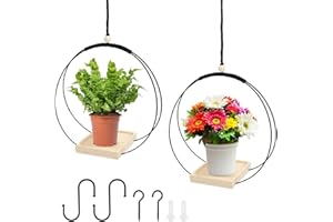 KXVXXV KVXXVX 2 Stück Blumenampel Hängend Innen Außen Metall Blumenampel Schwarz mit Hölzernen Basis Pflanzen Hängeampel Outdoor Hängetopf für Pflanzen
