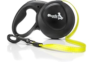 BLUZELLE 8m Guinzaglio per Cani per Cane Taglia Grande Fino a 50 kg, Giallo Neon Brillante Cinghia con Gancio a Scatto a 360° in Metallo, Freno di Ritrazione, Impugnatura Ergonomica Gommata, Nero