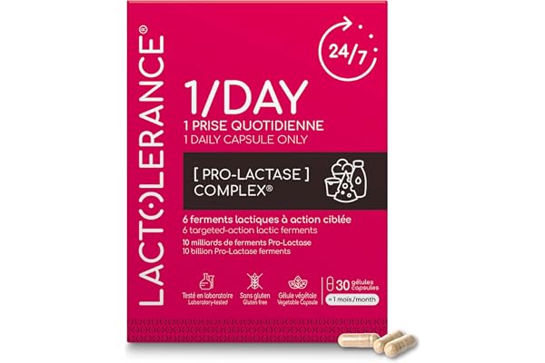 LACTOLERANCE 1/DAY I Précurseur de Lactase I Protection 24h/24-1 seule gélule par jour | Améliore la digestion du lactose | Tout niveau d'intolérance | 1 mois de traitement microbiotique