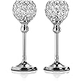 Artis Set of Two Silver Pillar Candle Holders with Crystal Detail for Tea Light/Votives, Perfect Centrepiece for Dinner Table, Weddings and Parties