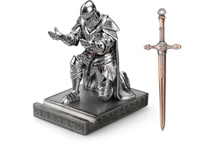 HDMbigmi King's Guard Leader Cloak Warrior Knight Pen Holder Mobile Phone Stand, Ornament Knight Statue, Pen Stand Paperweight with a Metal Sword Letter Opener for Office and Home (Silver)