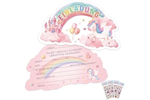 BOYATONG 12 × Einhorn Einladungskarten Kindergeburtstag Mädchen mit 4 × 3D Sticker, Geburtstagseinladungen Mädchen, Einladungskarten Geburtstag Einhorn Party Einladungen