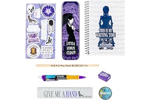 Blue Sky Studios Mercredi Papeterie Pack de fournitures d'écriture sous licence, cadeau, carnet, crayons de couleur, stylo, boîte à crayons, taille-crayon, gomme, multicolore, Lot de papeterie