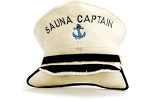 ‎NATURAL TEXTILE Natural Textile Saunahut 'Sauna Captain' White - 100% organische Wollfilzmützen - Schützen Sie Ihren Kopf vor Hitze - Englische Sauna E-Book Handbuch inklusiv - mit Stickerei
