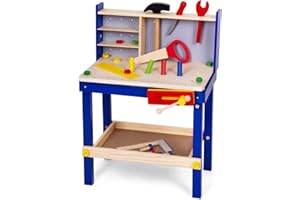 Leo & Emma - Banco da lavoro per bambini con attrezzi in legno, laccato blu, 50 pezzi, banco da lavoro per bambini, in legno, per bambini, realizzato e verniciato di alta qualità