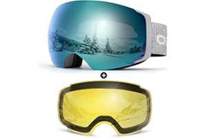 Odoland Lunettes de ski, unisexes, pour homme et femme, garçon, sans cadre, avec verre magnétique interchangeable, protection UV, anti-brouillard, compatible avec le casque