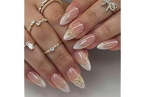HERBINSOLS 24PCS False Nails Almond - White Pearl French Tip False Nails with Golden Line Bow Design - Press on Nails Short in 12 Sizes - Full Cover Ballerina Acrylic Nails with Nail File & Nail Sticky Tabs