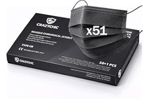 CRAZYCHIC - x51 Masque Chirurgical Médical NOIR Type IIR - Certifié CE Norme EN14683 - Masque Jetable 3 Plis Protection Respiratoire - Haute Filtration EFB>99% - Lot de 51 pièces