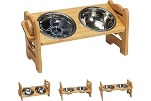 RLAVBL Hundenapf erhöht, Verstellbare Haustier-Futterschale aus Bambus mit Langsamfresser und 2 Edelstahlnäpfen, Anti-Rutsch-Pads, Ideal für Hunde und Katzen