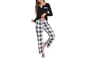 Bresdk Women's Pyjama Set Ladies Cotton Pjs V Neck Long Sleeve Tops and Printed Pants with Pockets Soft Loungewear