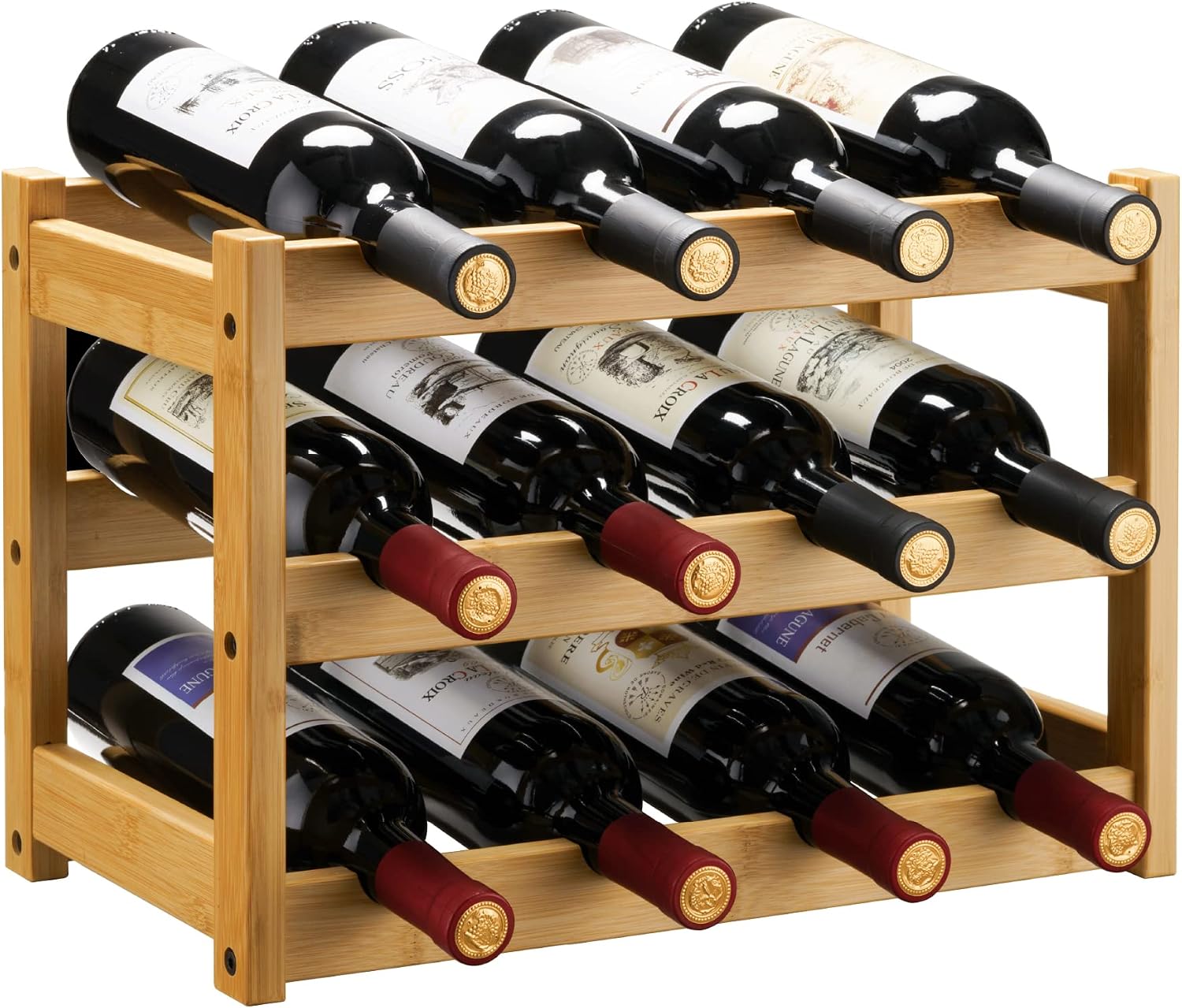 VASMIA Botellero de Vino, Estante para Vino, estantería de bambú de 3 Niveles para encimera, Soporte Independiente para 12 Botellas, Adecuado para Cocina, despensa, Bodega, Bar, Natural