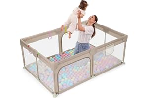 Dripex Baby Playpen, 120 x 180 cm, Baby Playpen with Breathable Net, Playpen Sustainable Linen Fabric, Playpen, Children's Playpen, Large Safety Playground, Brown