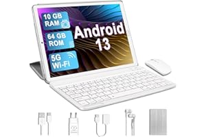 YESTEL Tablette Tactile Android 13 avec 5G WiFi, 10Go RAM 64 Go ROM (1 to Extensible), Tablette avec Clavier et Souris et Cas, 8 cœurs 2.0 GHz, Bluetooth 5.0, 5+8 MP, GPS, Argent