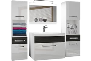 ‎B BELINI GROUP Belini Badezimmer Badmöbel Set Vollausstattung mit Waschbecken Unterschrank Waschtisch Spiegel Lampe Möbel Weiß Königliches Ebenholz Glänzend Matt