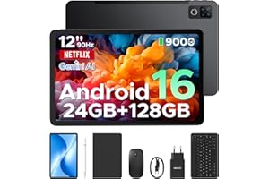 DOOGEE U12 Tablet con Tastiera Android 16, Tablet 12 Pollici, 24GB RAM+128GB/2TB TF, WIFI5, Gemini AI, 2000 * 1200 FHD+IPS, 9000mAh/18W, 13MP+8MP, UNISOC T7255 Octa Core/Widevine L1/Face ID/GPS, Nero