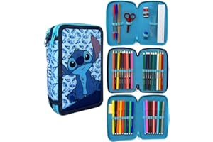 CARTOON Estuche de 3 cremalleras completo 44 piezas papelería multicompartimento bolígrafos lápices colores rotuladores Giotto para la escuela, Stitch Blue, 19.5 x 12.5 x 7 cm, Estuches