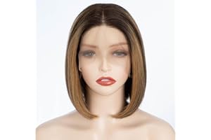 ‎FASHION IDOL FASHION IDOL Bob Lace Front Perücke Echthaar Vorgezupft 20CM Kurze Bob Perücke für Frauen Klebefrei T Teil HD Spitze Brasilianisches Jungfernhirn