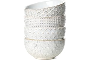 LE TAUCI Małe miski 11,4 cm, ceramiczna mała miska na przystawki 350 ml, wytłaczana miska z kamionki na lody, deser owoce, zestaw 4 szt., arktyczna biel