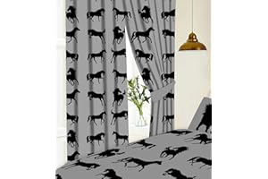 RAINBEAM KIDZ KOLLECTIONZ 66" x 54" Horses Grey Curtains With Tie Backs, Pencil Pleat, Novelty Kids Pony Equestrian Show Silhouette, Black Charcoal