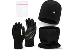 KASURE 3 en 1 Ensemble Hiver Bonnet Écharpe Gants Unisexe, Gants Hiver Tactile, Tricoté Doublé Polaire Chaud pour Homme Femme, Cache-Cou Extensible pour Activités Sportives de Plein Air