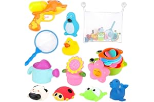 Joyoldelf - 19 giocattoli da bagno per bambini, rete per vasca da bagno, pistola ad acqua, rete da pesca, bicchieri impilabili, giocattolo per vasca da bagno, piscina