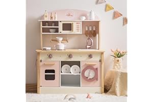 ROBUD Drewniana kuchnia dziecięca dla chłopców i dziewczynek od 3 lat | odgrywanie ról | zestaw akcesoriów kuchennych | w kolorze różowym | duża
