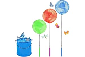 YIAJIA 3 Pack Kids Fishing Net,Extendable Butterfly Net,3 Colours Mesh Net for Catching Crabbing Bugs Insects Bird Playing Beach Ponds Pool Outdoor Telescopic Catching Net